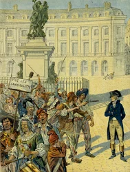 Révolution française 1789 : Napoléon Ier Bonaparte (1769-1821) menacé par la foule des sans-culottes le 10 août 1792 près de la statue de Louis XIV (1638-1715) par Desjardins avant qu