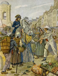 Révolution française 1789 : Napoléon Ier Bonaparte (1769-1821) pris à partie par la populace révolutionnaire et les sans-culottes aux Halles. Illustration de Jacques Marie Gaston Onfray de Bréville dit JOB (1858-1931). Collection privée