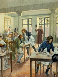 Révolution française de 1789 : Napoléon Ier Bonaparte (1769-1821) jeune chez le gargotier Justat, de la rue des Petits-Pères à Paris, réduit à un seul plat qu