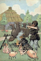 Histoire de France. Scène de la Gaule barbare avec des jouets : un Gaulois et une Gauloise habillés en peau de bête cuisinent un ours pour nourrir leur famille. Dans « Joujoux à l