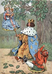 Histoire de France. Scène de la vie de Saint Louis en jouets : le roi Louis IX dit Saint Louis (1214-1270) rendant justice au pied d