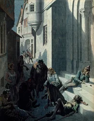 Histoire de France au Moyen Âge : François de Montcorbier dit François Villon (1431-1463?), poète, composant ses œuvres dans la misère des rues de Paris. Illustration de Jacques Marie Gaston Onfray de Bréville dit JOB (1858-1931)