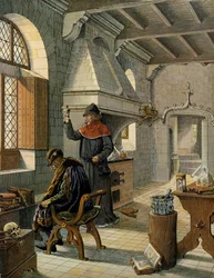 Histoire de France au Moyen Âge : Jacques Coictier, premier médecin du roi de France Louis XI dit le Prudent (1423-1483), lui préparant un remède