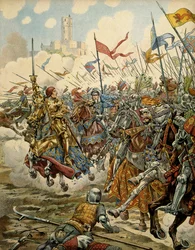 Histoire de France au Moyen Âge : le roi Louis XI, dit le Prudent (1423-1483), à la tête de son armée lors de la bataille de Montlhéry contre la Ligue du Bien Public, 16 juillet