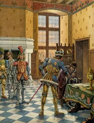 Histoire de France au Moyen Âge : entretien de Péronne entre le roi Louis XI dit le Prudent (1423-1483) et Charles le Téméraire (1433-1477). Illustration de Jacques Marie Gaston Onfray de Breville dit JOB