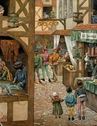 Histoire de France au Moyen Âge : rue de Paris après que le roi Louis XI, dit le Prudent (1423-1483), eut signé le traité de Péronne avec Charles le Téméraire. Les Parisiens avaient acheté des perroquets auxquels ils avaient appris à dire « Péronne » pour