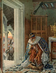 Histoire de France au Moyen Âge : Le roi de France Louis XI dit le Prudent (1423-1483) a peur de la mort arrivant en armure sur le seuil. Illustration de Jacques Marie Gaston Onfray de Breville dit JOB (1858-1931)