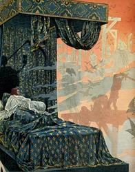 Histoire de France au Moyen Âge : le roi de France Louis XI dit le Prudent (1423-1483) avait des cauchemars anxieux avant de mourir. Illustration de Jacques Marie Gaston Onfray de Breville dit JOB (1858-1931)