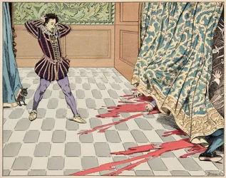 Illustration du livre « Le bon roy Henri », illustré par Jacques Marie Gaston Onfray de Breville, dit JOB (1858-1931) : Le jour de la Saint-Barthélemy, ses deux amis, Ségur et La Rochefoucauld, sont égorgés sous ses yeux - Collection privée