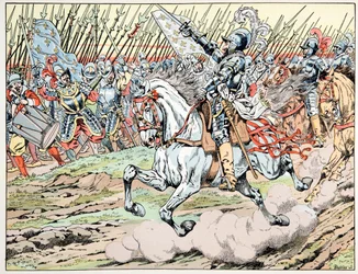 Illustration tirée du livre "Le bon roy Henri", illustrée par Jacques Marie Gaston Onfray de Bréville dit JOB (1858-1931) : Henri IV devant son armée : Suivez mon plume blanc - Collection privée