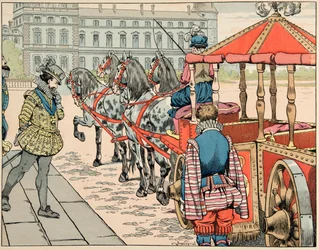 Illustration tirée du livre « Le bon roy Henri », illustré par Jacques Marie Gaston Onfray de Breville dit JOB : Le 14 mai 1610, Henri IV se prépare à monter dans son carrosse découvert