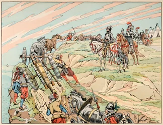 Illustration tirée du livre « Le bon roy Henri », illustré par Jacques Marie Gaston Onfray de Breville dit JOB (1858-1931) : Henri IV en guerre établit son camp près de Dieppe avec son artillerie