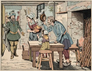 Illustration tirée du livre « Le bon roy Henri », illustrée par Jacques Marie Gaston Onfray de Bréville dit JOB (1858-1931) : Henri IV chez les paysans, mangeant le poulet au pot