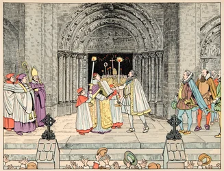 Illustration tirée du livre « Le bon roy Henri », illustré par Jacques Marie Gaston Onfray de Breville dit JOB : Henri IV, Basilique Saint-Denis abjure sa religion et se convertit