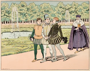 Illustration du livre "Le bon roy Henri", illustré par Jacques Marie Gaston Onfray de Breville dit JOB (1858-1931) : Henri IV se lia d