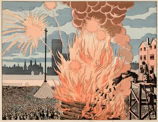 Illustration tirée du livre « Le bon roy Henri », illustrée par Jacques Marie Gaston Onfray de Breville dit JOB (1858-1931) : Feu de joie place de Grève à Paris - Collection privée