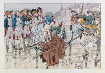 Jacques Marie Gaston Onfray de Bréville dit JOB (1858 - 1931); Illustration du livre "Les épées de France" : Le marquis de Bonchamps mortellement blessé après la bataille de Cholet en 1793 sauve des prisonniers républicains des mains des chouans