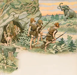 Pendant la préhistoire, les hommes des cavernes protègent leurs familles d