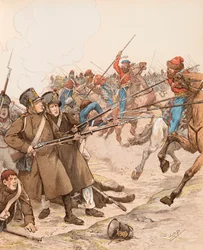 Militaires français pendant les campagnes napoléoniennes surnommés Marie-Louise en 1815 combattant les cosaques, Collection privée