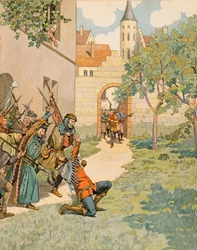 Jacques Marie Gaston Onfroy de Breville dit JOB (1858-1931) - Histoire de la Belgique : Jacques (Jacob) Van Artevelde (1287 - 1345) dit le sage de Gand, tombe sous les coups de la populace, Collection privée