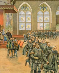Jacques Marie Gaston Onfroy de Breville dit JOB (1858-1931) - Histoire de la Belgique : Les Gueux présentent leurs remontrances respectueuses à Marguerite de Parme (1522-1586), gouvernante des Pays-Bas sous Philippe II (1527-1598), en 1566, Collection priv