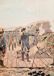 Jacques Marie Gaston Onfroy de Bréville dit JOB (1858-1931) - Le premier coup de canon au quartier général de Yorktown en septembre 1781, Collection privée