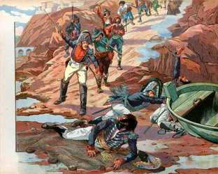 Joachim Murat (1767-1815), roi déchu de Naples, fait prisonnier à Pizzo en Calabre par la foule hostile en 1815. Gravure de Jacques Marie Gaston Onfray de Breville dit Job (1858-1931)