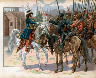 Joachim Murat (1767-1815) à Moscou offre une montre aux Russes. Gravure de Jacques Marie Gaston Onfray de Breville dit Job (1858-1931)