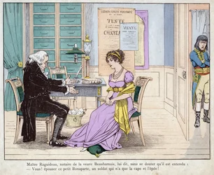 Joséphine et le notaire - Maître Raguideau, notaire de la veuve Beauharnais, lui dit : "Vous ! Épousez ce petit Bonaparte" - Maître Raguideau et Joséphine - lithographie de Job (Jacques Onfroy de Bréville) de "Le Grand Napoléon des Petites Enfants"