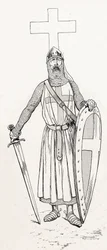 Chevalier de Louis IX connu sous le nom de Saint Louis (1214-1270) en costume de croisade. Illustration de Job (Jacques Marie Gaston Onfray et Breville) (Jacques-Marie) (1858-1931) pour le livre « Les grands mots historiques du pays de France » 1915. Colle