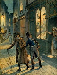 Louis Antoine Fauvelet de Bourrienne (1769-1834) et Napoléon Ier Bonaparte (1769-1821) dans les rues de Paris incognito. Illustration par Jacques Marie Gaston Onfray de Bréville dit JOB (1858-1931). Collection privée