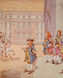Louis XIV dans la cour de Versailles prononçant sa célèbre phrase 
