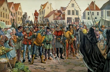 Marie de Bourgogne (1457-1482), duchesse de Bourgogne, réclame la clémence pour ses conseillers en 1477. Illustration de Jacques Marie Gaston Onfray de Bréville dit JOB (1858-1931) dans « Louis XI »