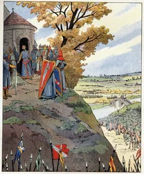 Ma couronne aux braves paroles du roi Philippe II dit Philippe Auguste (1165-1223) aux seigneurs avant la victoire de la bataille de Bouvines le 27 juillet