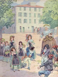 Napoléon Bonaparte (1769-1821) enfant en dispute avec ses camarades devant sa maison à Ajaccio, Corse, c.1910 (lithographie en couleur)