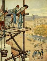 Napoléon Ier Bonaparte (1769-1821) attentif aux travaux architecturaux et urbains de la liaison entre le Louvre et le Palais des Tuileries à Paris avec la Place et la Rue de Rivoli commencés en 1802 et recoupant le nom de la bataille qui a eu lieu