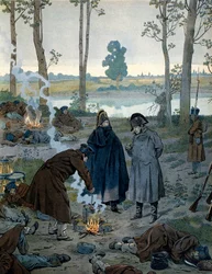 Napoléon Ier Bonaparte (1769-1821) dans les bivouacs à la veille de la bataille de Waterloo en 1815. Dans « Napoléon » de Georges Montorgueil