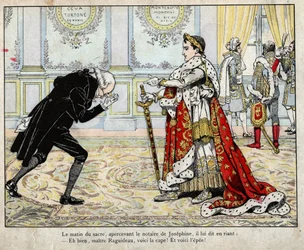 Napoléon et le notaire Raguideau, matin du couronnement, 1804 - lithographie de Job (Jacques Onfroy de Bréville) tirée de « Le Grand Napoléon des Petits Enfants », 1893