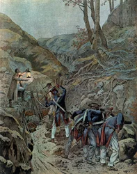 Campagne de Prusse (1806) : les troupes travaillaient à élargir un passage pour les canons au pied du mont Iéna à la veille de la bataille