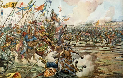 La bataille de Grandson entre les Bourguignons et les Suisses à Grandson, Suisse, le 2 mars 1476. Illustration de Jacques Marie Gaston Onfray de Breville dit JOB